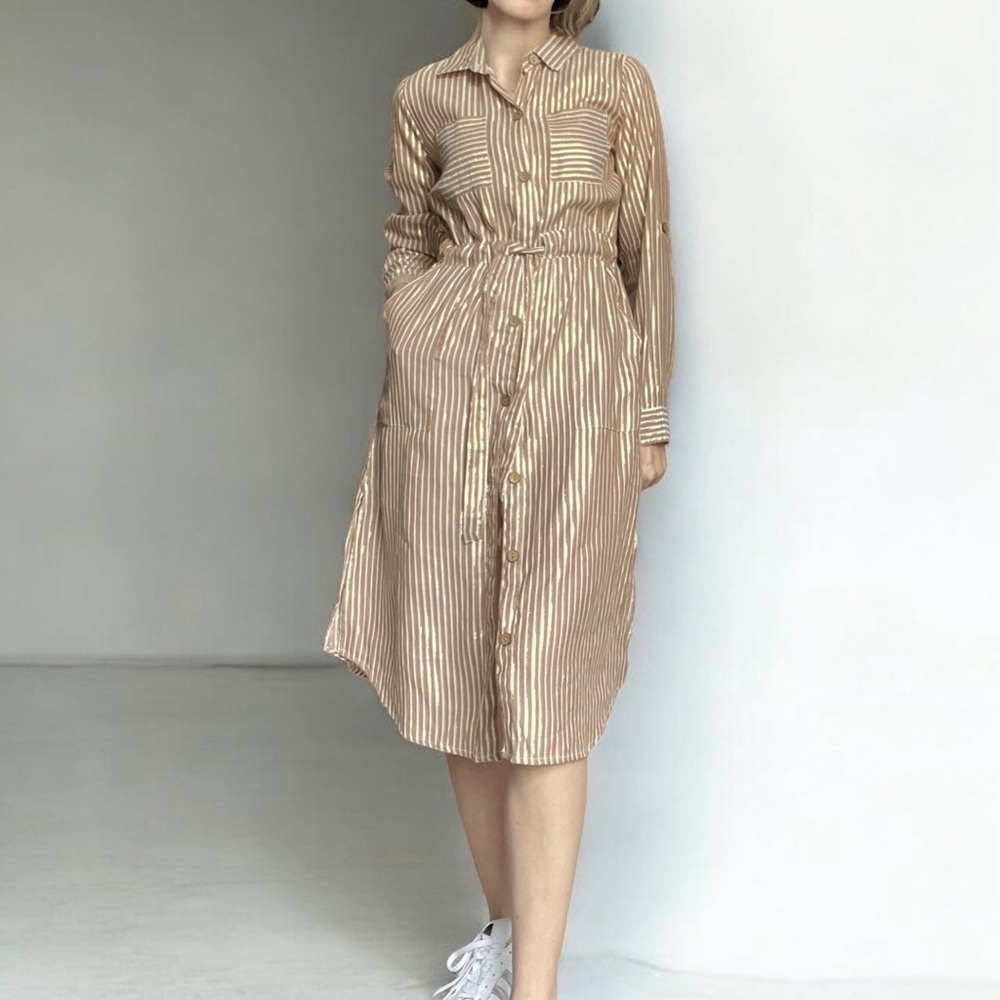 J Glee Gold Stripe Midi Shirtdress Button Front Small